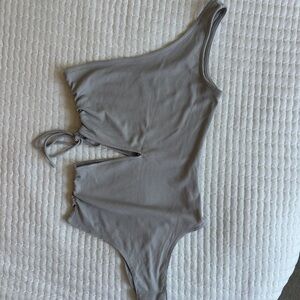 Kittenish grey one shoulder cut out ribbed bodysuit